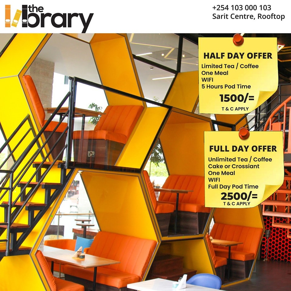 Rent a pod for your meeting and enjoy the bliss of working @the_librarykenya
Rates are Kes.1,500 (half day) and Kes.2,500 (full day)

#workplay #foodies #businessmonday #pod #enjoy #workmode #sarityourcity