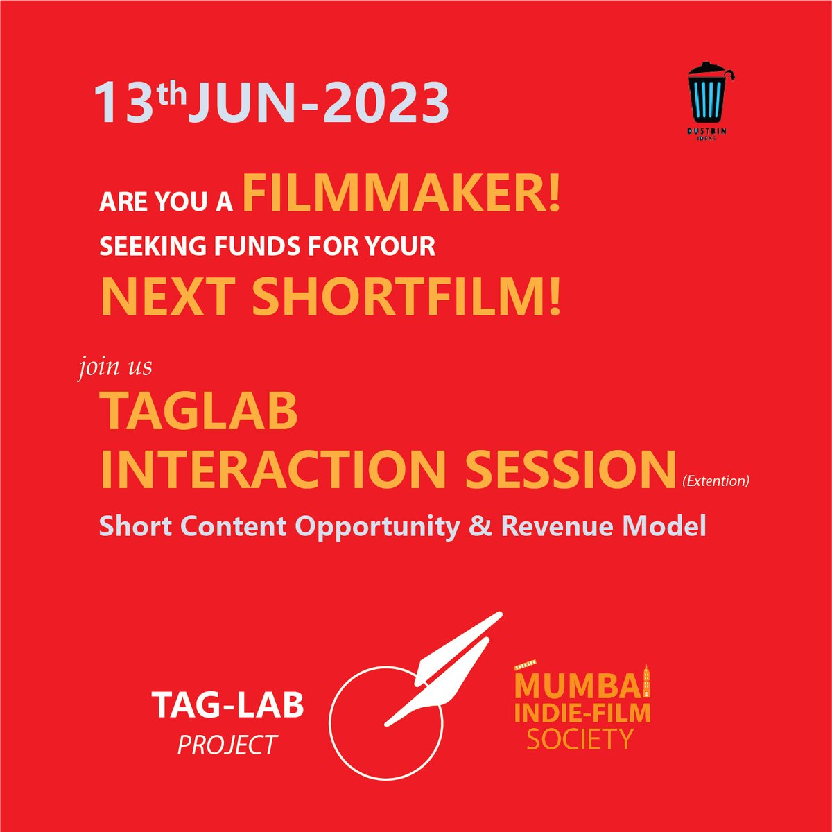 MumbaiIndiefilm's tweet photo. Reserve your seat now!
Are you a filmmaker! 
Seeking funds for your next short film!
Join us, #taglabinteractionsession(Extn)
Topic: ShortcontentOpportunity&amp;RevenueModel

Link:
https://t.co/jfxcCVXRFN

#taglabinteractionsession #saameermody #pocketfilms #mumbaiindiefilmsociety https://t.co/6Y989BoinF