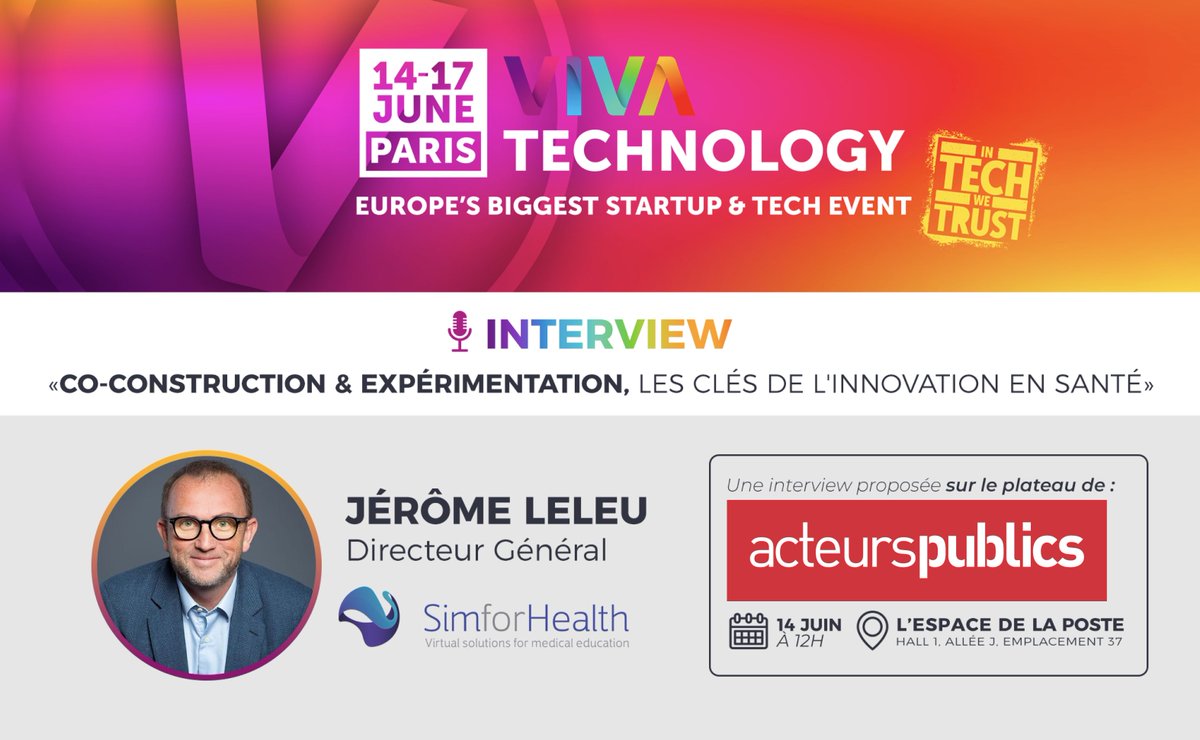 #Esanté &amp; #Vivatech :🗣️ J'ai le plaisir d'intervenir à <a href="/VivaTech/">VivaTech</a> ce 14 juin sur le plateau <a href="/acteurspublics/">acteurs publics</a>  sur le thème "Co-construction et expérimentation, les clés de l'innovation en santé" avec le retour d'expérience de <a href="/SimforHealth/">SimforHealth</a>

📌 shorturl.at/gquT9 #VivaTech2023