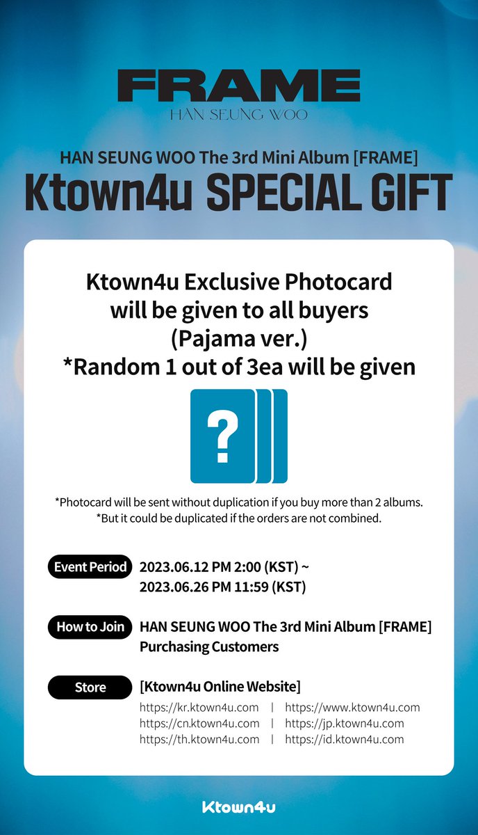 Ktown4u_com's tweet photo. #Ktown4u x @HanSeungwooTeam

💽HAN SEUNG WOO - The 3rd Mini Album [FRAME] 
💙Mirror ver. / Watch ver / Platform ver.
🎁Ktown4u Exclusive Gift
✔️Check our newly lowered shipping fee

💗40% OFF👉https://t.co/f7KhcSro1D
💗Sign up👉https://t.co/StZE8P77UB https://t.co/LImlAtGvuD