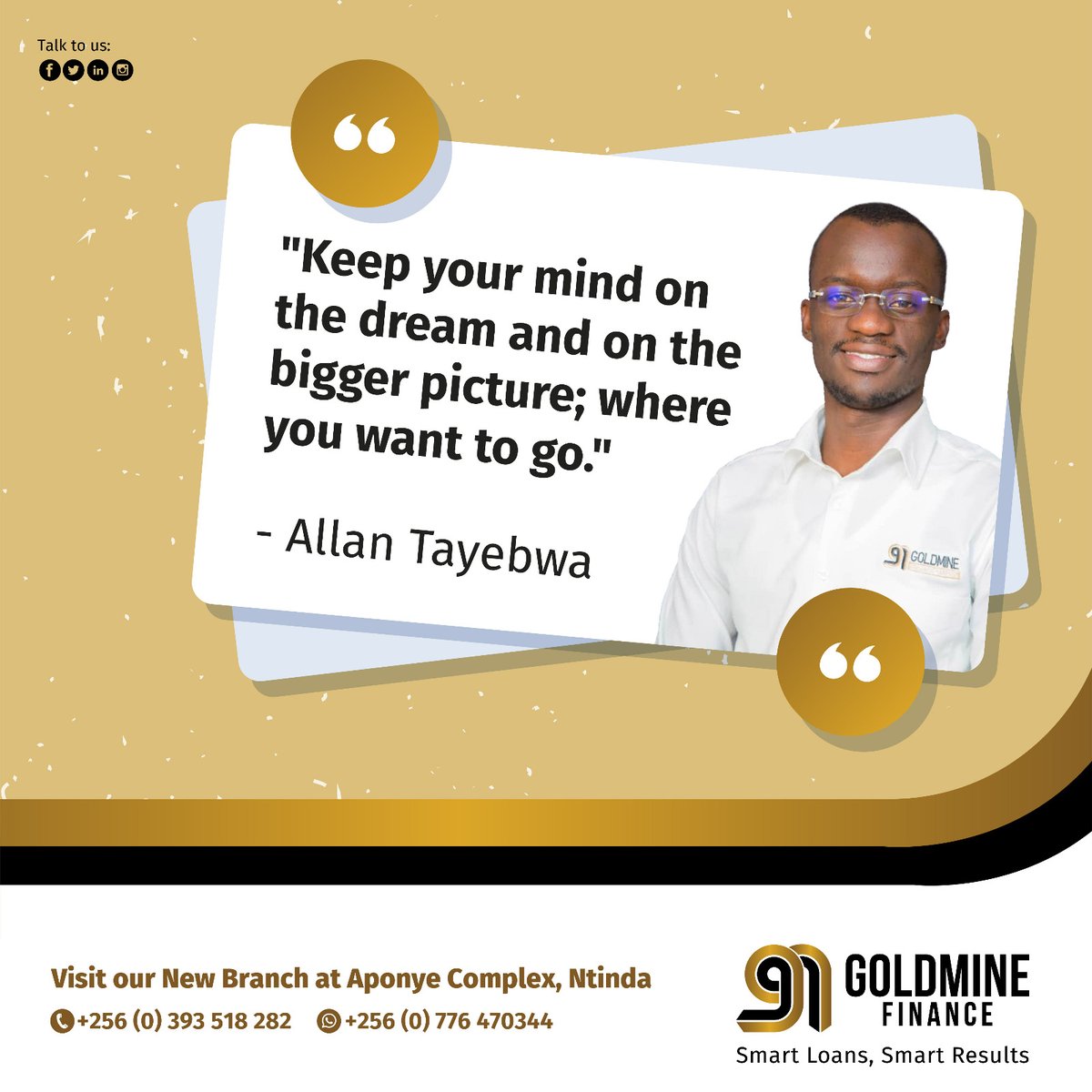 Allow your dream to drive you. 

Our biggest challenge, sometimes, is allowing small wins to distract us. Keep your mind on the goal this week. There is still a bigger picture. 

#MondayMotivation #GoldmineFinance #GoForGold