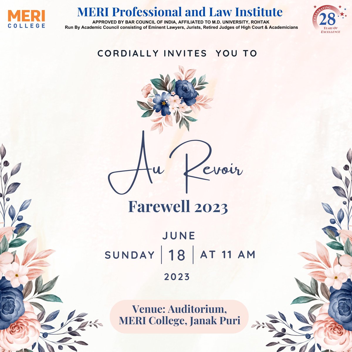 meri_college's tweet photo. 𝐃𝐢𝐬𝐭𝐚𝐧𝐜𝐞 𝐜𝐚𝐧’𝐭 𝐞𝐫𝐚𝐬𝐞 𝐭𝐡𝐞 𝐦𝐞𝐦𝐨𝐫𝐢𝐞𝐬 𝐭𝐡𝐚𝐭 𝐛𝐢𝐧𝐝 𝐮𝐬
𝐌𝐄𝐑𝐈 𝐏𝐑𝐎𝐅𝐄𝐒𝐒𝐈𝐎𝐍𝐀𝐋 𝐀𝐍𝐃 𝐋𝐀𝐖 𝐈𝐍𝐒𝐓𝐈𝐓𝐔𝐓𝐄 is organizing 𝐀𝐔 𝐑𝐄𝐕𝐎𝐈𝐑- 𝟐𝟎𝟐𝟑 a farewell party for  LLB 6th Sem, BALLB 10th Sem &amp; BBA LLB 10th Sem.

#MERI #MERIPLI https://t.co/oXWEjzHgB9