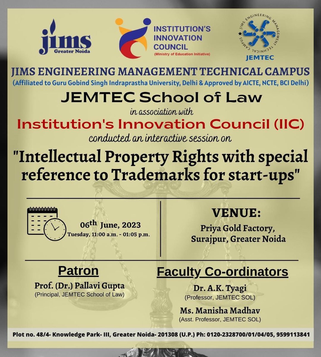 JEMTEC School of Law in association with IIC .
#jimsgreaternoida #ggsipu #lawcollege #iic
𝐉𝐈𝐌𝐒  𝐆𝐫𝐞𝐚𝐭𝐞𝐫 𝐍𝐨𝐢𝐝𝐚
𝐏𝐡𝐨𝐧𝐞 : 𝟎𝟏𝟐𝟎-𝟐𝟑𝟐𝟖𝟔𝟕𝟎/𝟐𝟑𝟐𝟖𝟕𝟎𝟎/𝟎𝟏