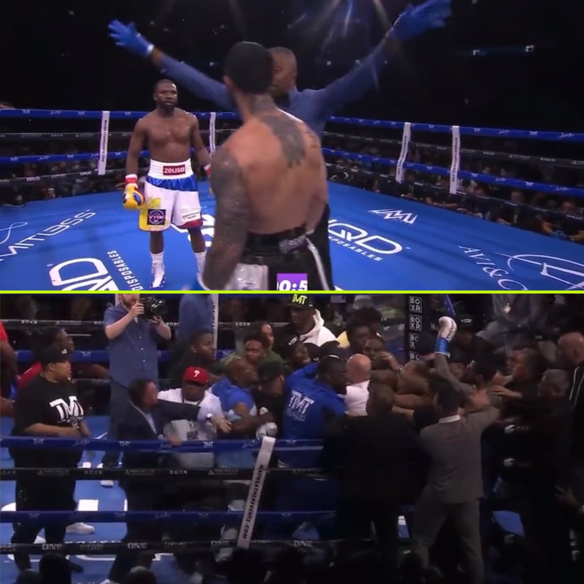 The Floyd Mayweather and John Gotti III
exhibition ended in chaos as referee Kenny Bayless called the fight off in round 6, due to the continuous trash talking between the fighters, which  
then sparked an in ring brawl. 

Floyd played with Gotti the whole fight.