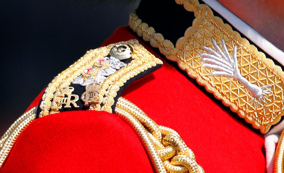 The Prince of Wales (in his role as Colonel of the Welsh Guards), seen with the Royal Cyphers of both Queen Elizabeth II and King Charles III on his shoulder epaulettes (signifying he was/is a Personal Aide-de-Camp to the late Queen and to King Charles).