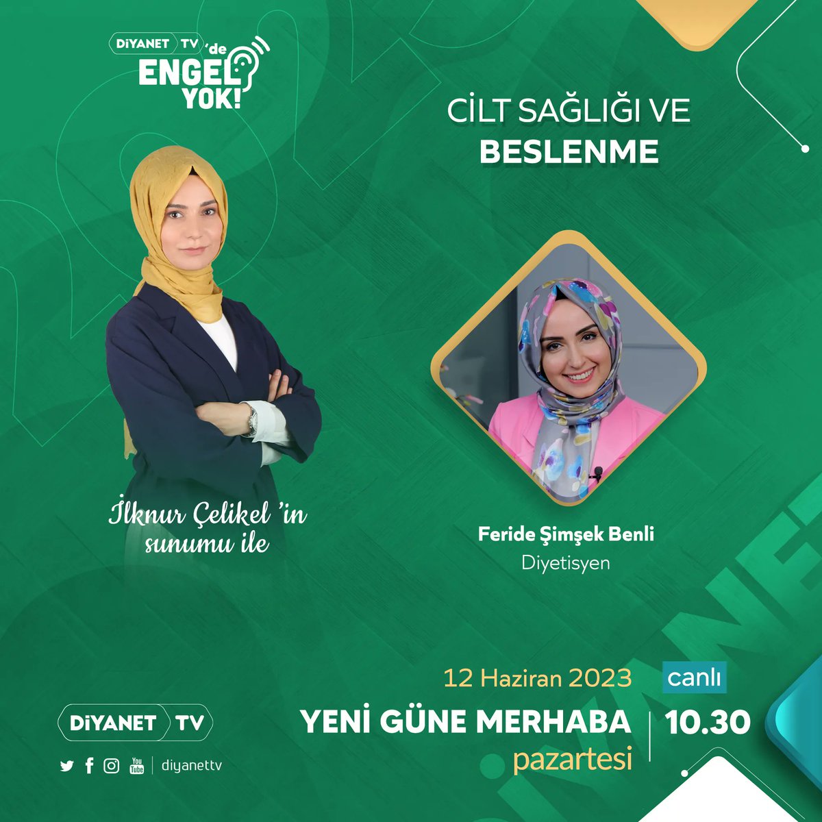 🔴Kalp Damar Sağlığında Fitoterapi

🎙️Konuğumuz Geleneksel ve Tamamlayıcı Tıp Uzmanı Dr. Mehmet Uçar

🔴Cilt Sağlığı ve Beslenme

Konuğumuz Diyetisyen Feride Şimşek Benli

#YeniGüneMerhaba hafta içi her gün saat 10.30'da #DiyanetTV'de