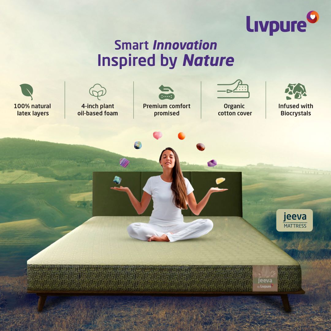 Crafted with smart innovation inspired by nature, #LivpureJeeva combines the healing power of biocrystals with goodness of 100% latex. Experience the ultimate comfort as you sink into its breathable, temperature-neutral layers with citrus essence. #JeevaMattress #NaturalSleep