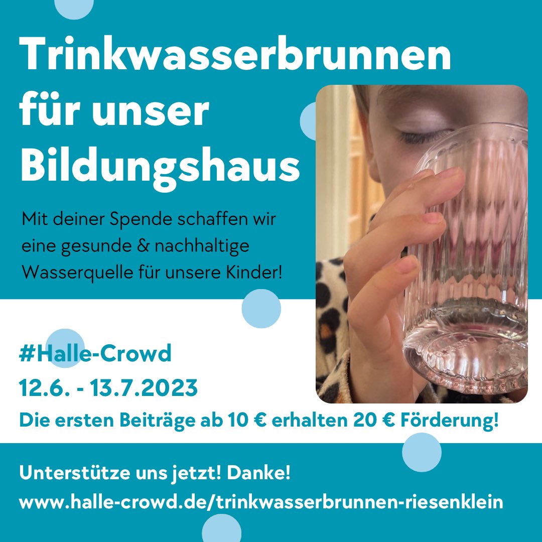 Heute startet um ⏰ 10 Uhr unser Crowdfunding für einen Trinkwasserbrunnen 🚰💦 .
Für jeden Beitrag ab 10€ gibt die SWH noch 20€ dazu 💶… bis der Fördertopf 💰ausgeschöpft ist - es lohnt sich also ganz schnell zu sein. Sei dabei: halle-crowd.de/trinkwasserbru…