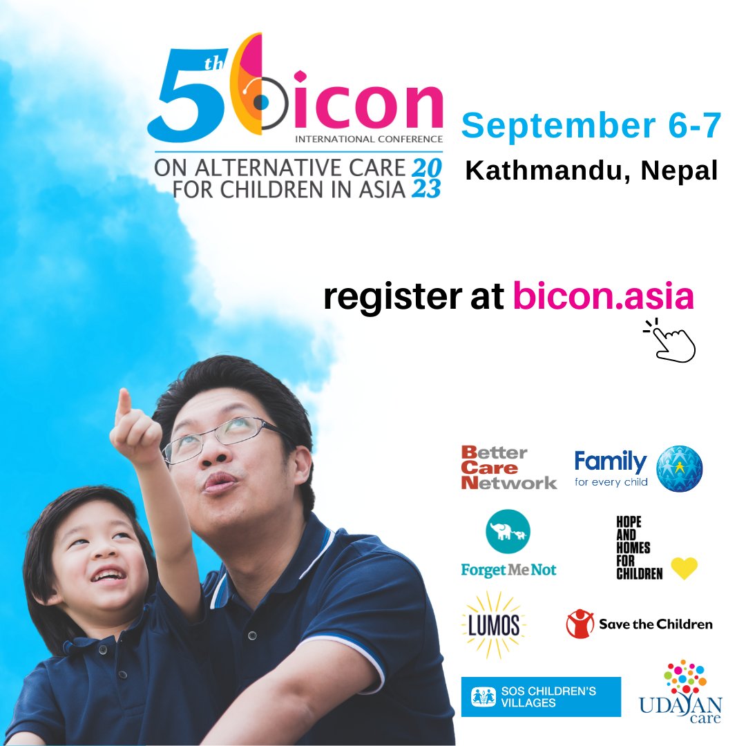 📷Join us at the 5th Biennial International Conference on Alternative Care for Children in Asia (BICON) on 6-7th September 2023 in Kathmandu, Nepal! 📷

Find out all you need to know at: bicon.asia
#BICON2023 #AlternativeCare #ChildrensRights #CareReform