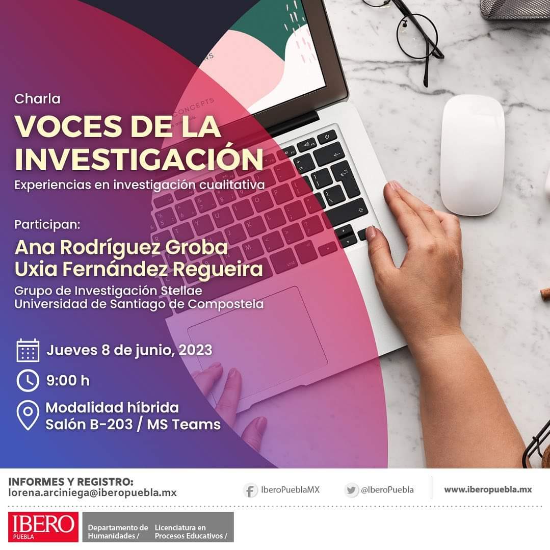 GrupoStellae's tweet photo. Uxía Regueira y Ana Rodríguez-Groba participan en las charlas "Las voces de la investigación: experiencias en investigación cualitativa" en la Universidad Iberoamericana de Puebla (México) https://t.co/ReOSLbtT1y https://t.co/IDjpDoOUJk