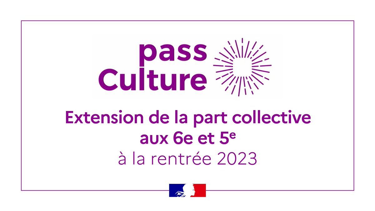 📢 À compter de la rentrée scolaire 2023, le bénéfice de la part collective du #passCulture est étendu aux classes de 6e et 5e.

Le montant alloué de 25 euros par élève permet aux professeurs de financer des activités #EAC pour tous les collégiens.

➡ swll.to/jHnLB