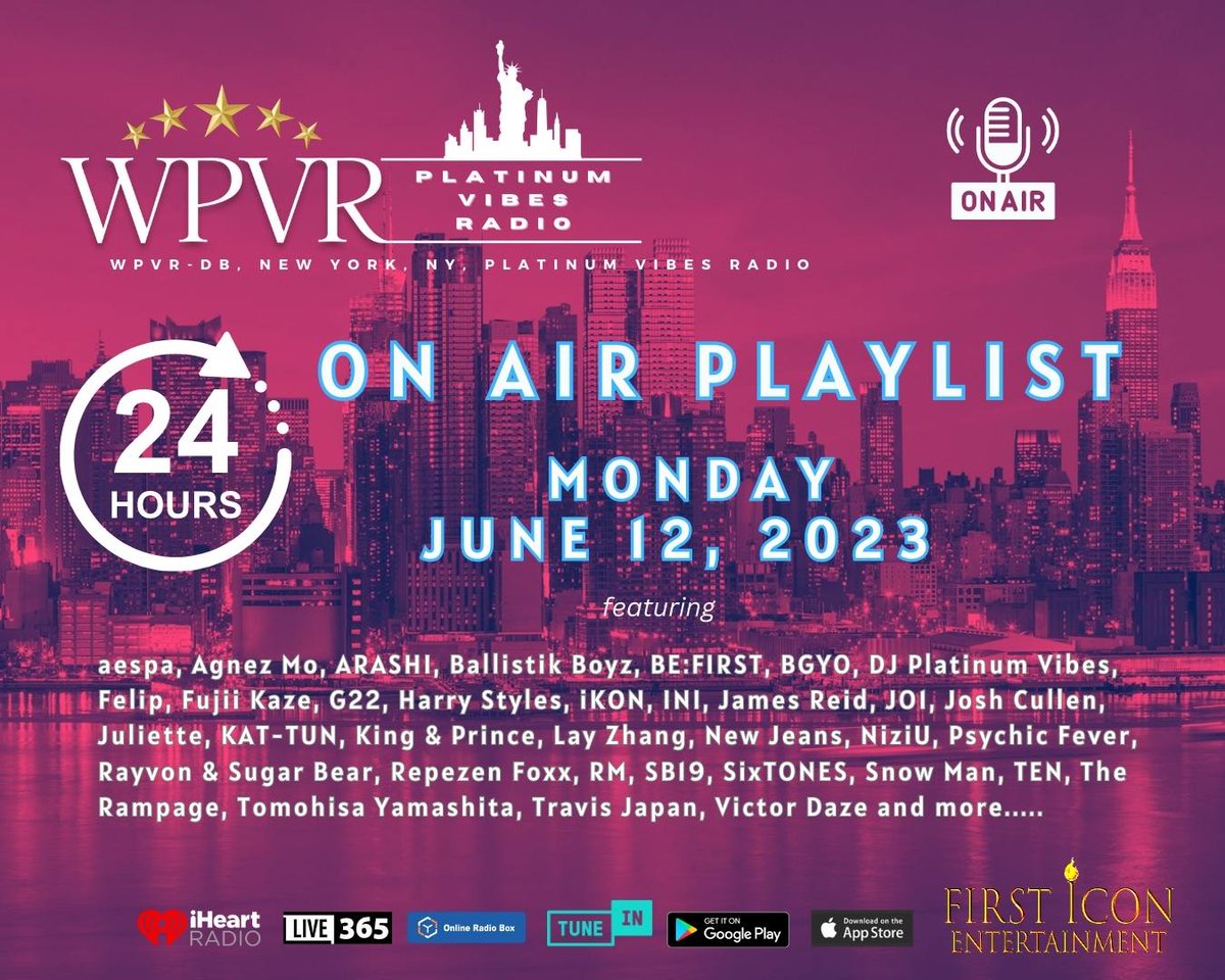 Greetings PVR World! Here is the WPVR NY Platinum Vibes Radio 24-HOUR ON AIR PLAYLIST for JUNE 12, 2023 at streamlinemusicblog.com/2023/06/12/wpv…

Today's playlist features music by such artists as: @TravisJapan_cr @layzhang @arashi5official @ballistik_fext @SB19Official @therampagefext…