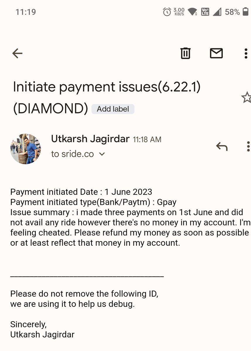 Utkarshjagirdar's tweet photo. @SRidesocial Hi. I've just raised a complaint about money deducted but not reflecting on my account. Kindly expedite the resolution. https://t.co/ibhqb8eCPN