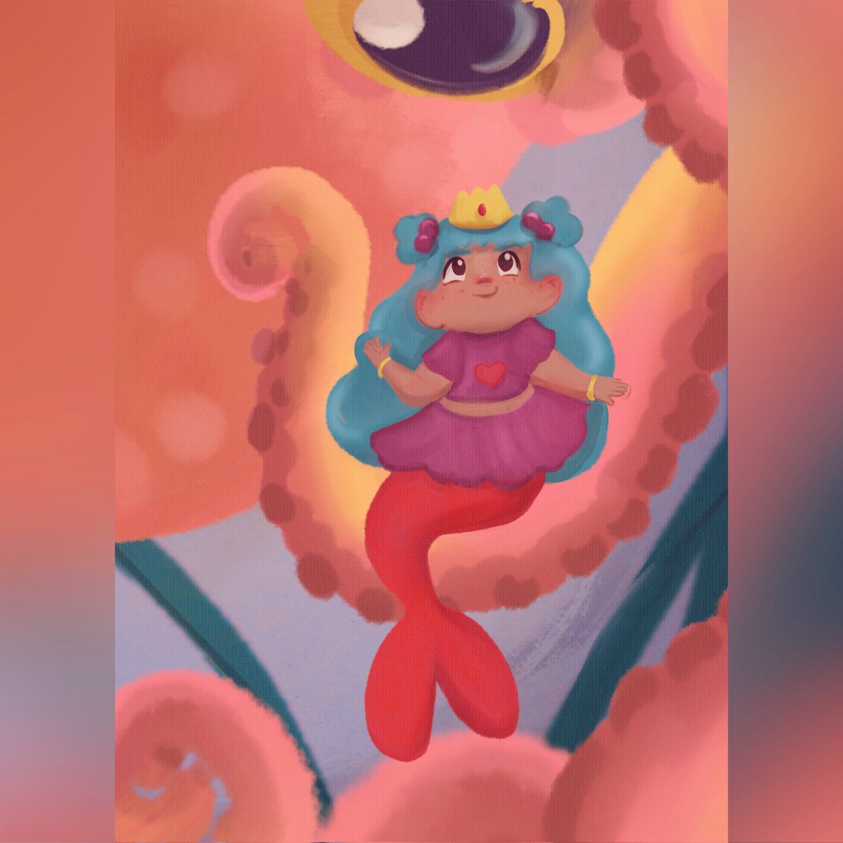 Lil mermaid princess having fun with her friend the giant octopus✨️
•
I loved playing with colors and different brushes 🎨 wishing I had a giant octopus friend now...✨️
#levydoodles #sirenita #artist #procreate #princessa #mermaid #illustration  #octopus #childrensbookart