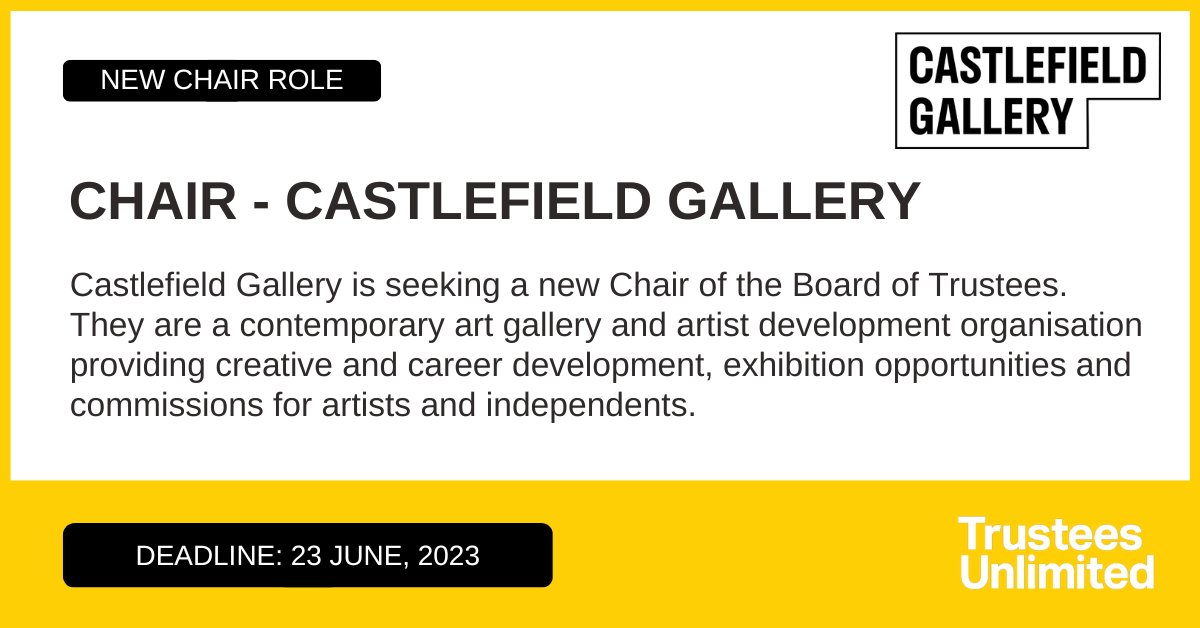 *** NEW CHAIR ROLE *** 

@CastlefieldGall is seeking a Chair. 

Deadline: 23 June 

More info: ow.ly/QufU50OqPSW

#Leadership #Governance #CharityTrustee #TrusteeRole #Trustee #GoodGovernance #Charity #CharityRole #CharityJob #Treasurer #TreasurerRole