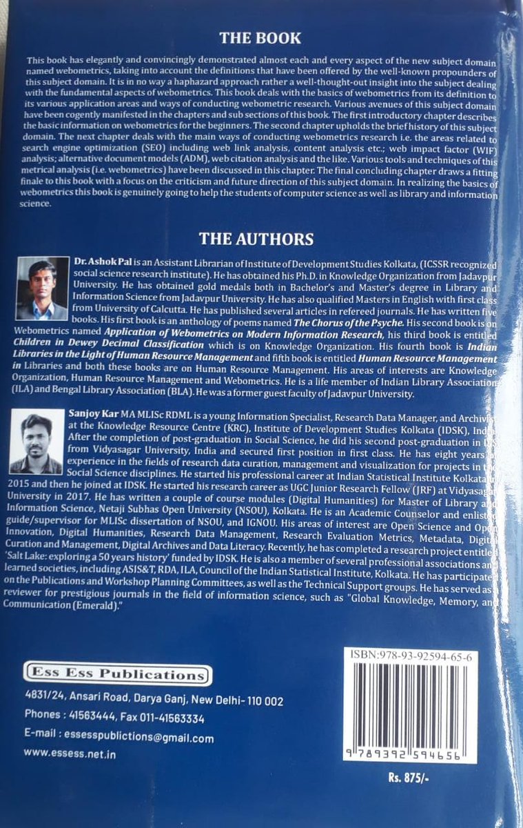 sanjoykar007's tweet image. Delighted to announce the publication of our second book, &quot;Fundamentals of Webometrics&quot;! 🌐📖
Thanks to ESS ESS Publication for making it possible!🙏✨

#FundamentalsOfWebometrics #BookRelease #WebAnalysis #Webometrics