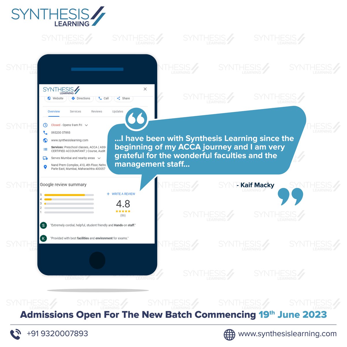 Synthesis_Learn's tweet photo. Why is Synthesis Learning one of the most sought after ACCA coaching classes? Hear it from our students! ๐
#ACCA #ThinkAhead #ACCAGlobal #ACCAIndia #DiscoverACCA #Global #Career #CareerPlanning #Education #Study #Timeline #GlobalQualification #SynthesisLearing #RaiseTheBar https://t.co/16Xoavbj6u