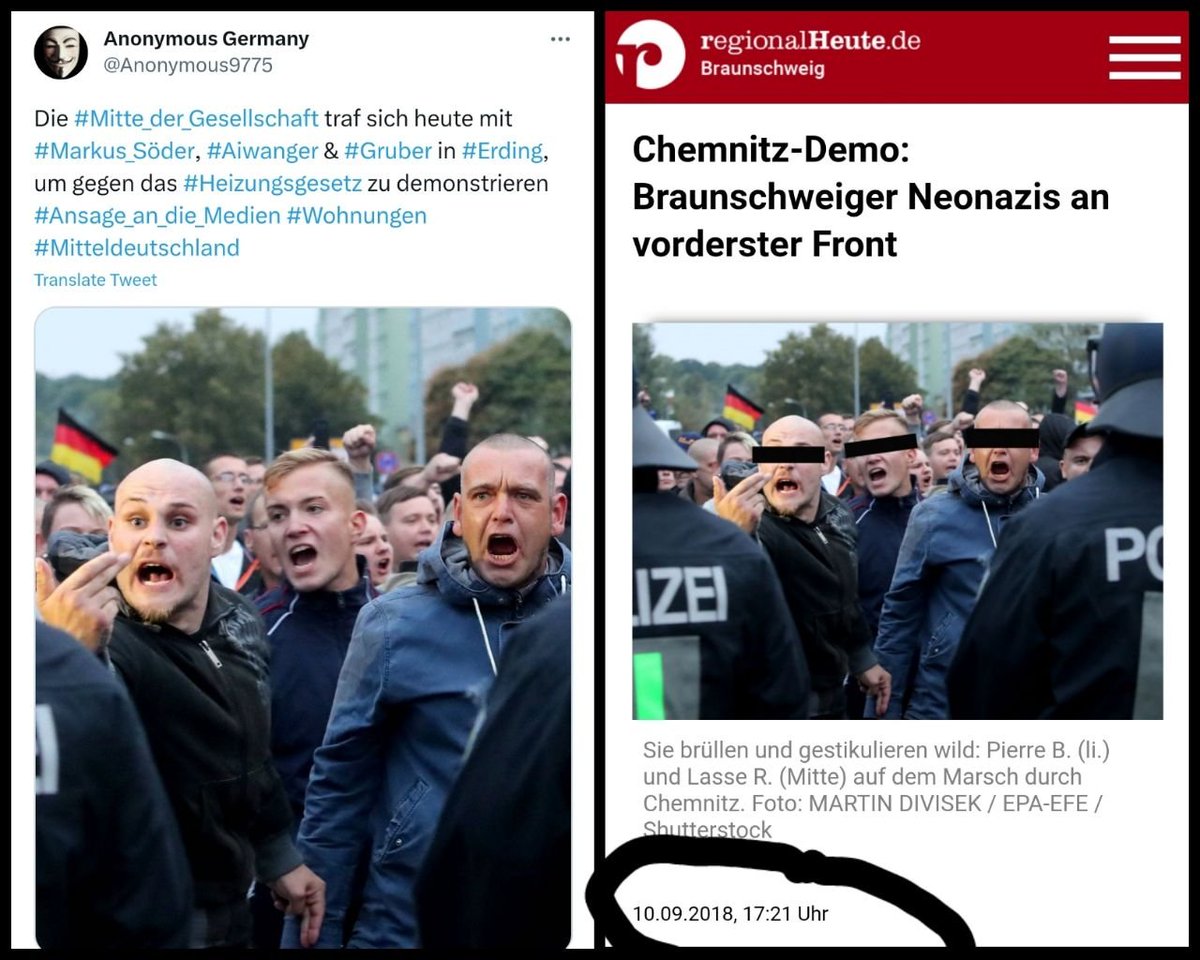 Aus der Reihe 'Gezielte Manipulation & Desinformation'‼️🤨 

Das linke Bild stammt von den Ausschreitungen in Chemnitz 2018 (siehe rechter Ausschnitt) & nicht aus Erding. #FakeNews #Propaganda #Manipulation