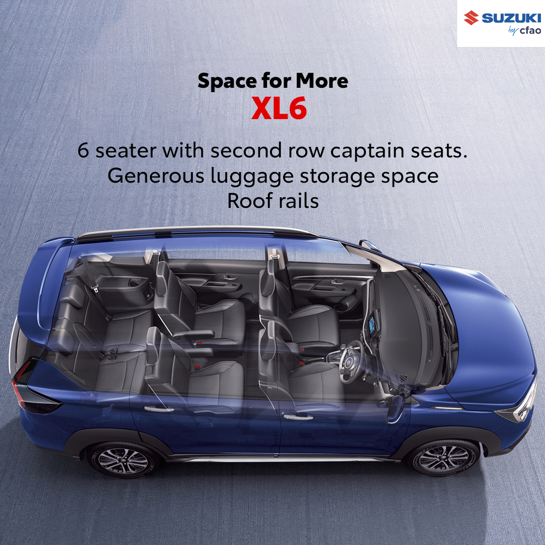 SuzukiCFAOKE's tweet photo. With its 6-seater configuration and second-row captain seats, the XL6 keeps everyone riding in comfort and style, with generous luggage storage space and handy roof rails! Go #NextLevel, book your test drive here: https://t.co/GI7lMZI9nW.
#CompactConfidence #CFAOMotorsDrivesKenya https://t.co/sH94GLvd5E