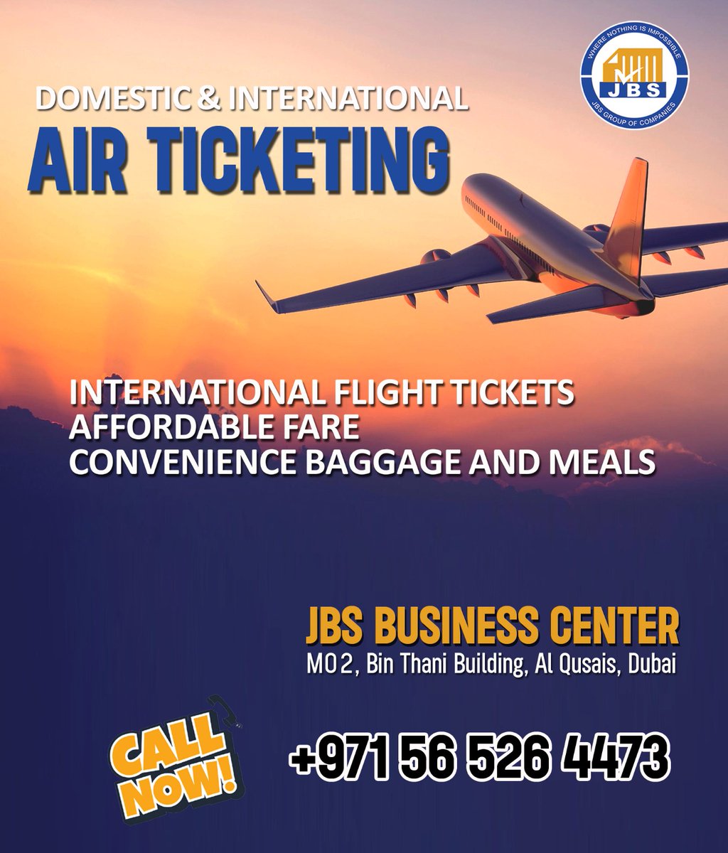 JbsTourism's tweet image. Domestic &amp;amp; International Air Tickets

JBS tourism
M02, Binthani building
Near al hilal bank
Al qusais - 2
Dubai
#visitvisa #dubaiimmigration #FlightTicketBooking #dubaiflights #internationalflights #bookingtickets #1monthvisitvisa #2monthvisit #DubaiVisaServices