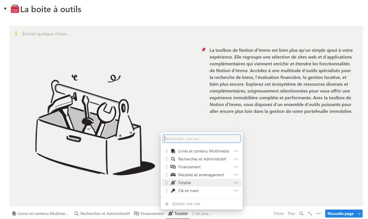NotionRaphaxelo's tweet photo. Découvrez la puissance de la toolbox de NotionD'immo ! Elle regroupe une sélection d'outils spécialisés pour une gestion immobilière complète et performante. #gestionimmobiliere #toolbox #notiondimmo https://t.co/ETRyx6tnwZ