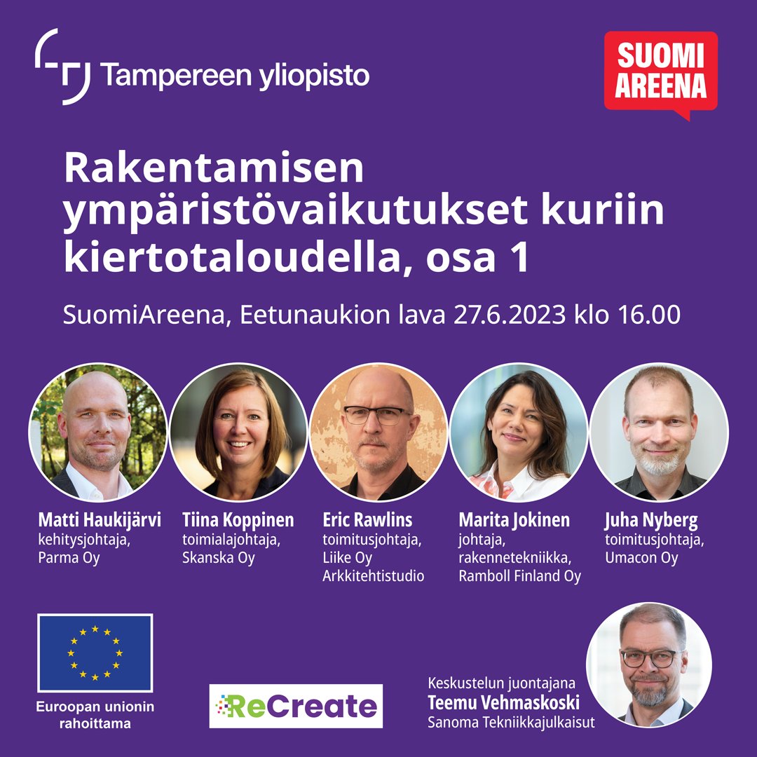 Kesän kuumin🔥keskustelu ♻️kiertotalous'rakentamisesta Porin @SuomiAreena'ssa! @ReCreate_H2020
-jäsenet @SkanskaFinland, @ParmaOy, @ramboll_fi,
@e_rawlins (Liike Oy Arkkitehtistudio) & Umacon kertovat, miten #betoni'elementit saadaan #uudelleenkäyttö'ön. #vähähiilinenrakentaminen