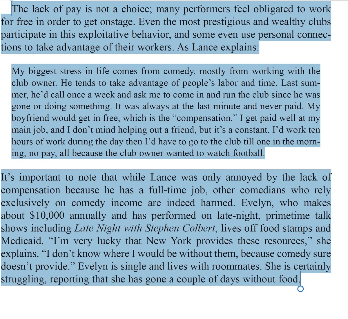 I love this passage on financial exploitation in #standup #comedy. Being forced to work for nothing at all levels, even people who have performed @colbertlateshow are on food stamps and skipping meals. #WorkersRights
#FairPay #EndExploitation #FightForFairness #WageJustice
