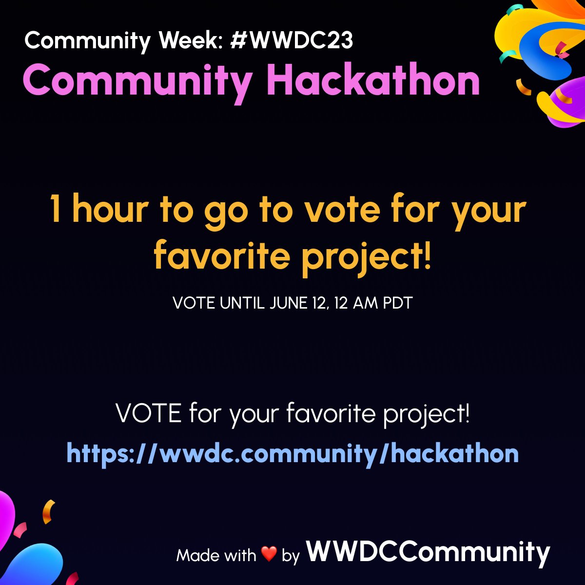 WWDCCommunity's tweet photo. One hour to go to vote for your favorite project! #WWDC23 #CommunityHackathon
If you have time, do check out the project made by the community -> https://t.co/KQCHhC3BdL and choose your project!
To all the participants, you all did a great job! Good luck!! βοΈ https://t.co/rN9NNwQ332