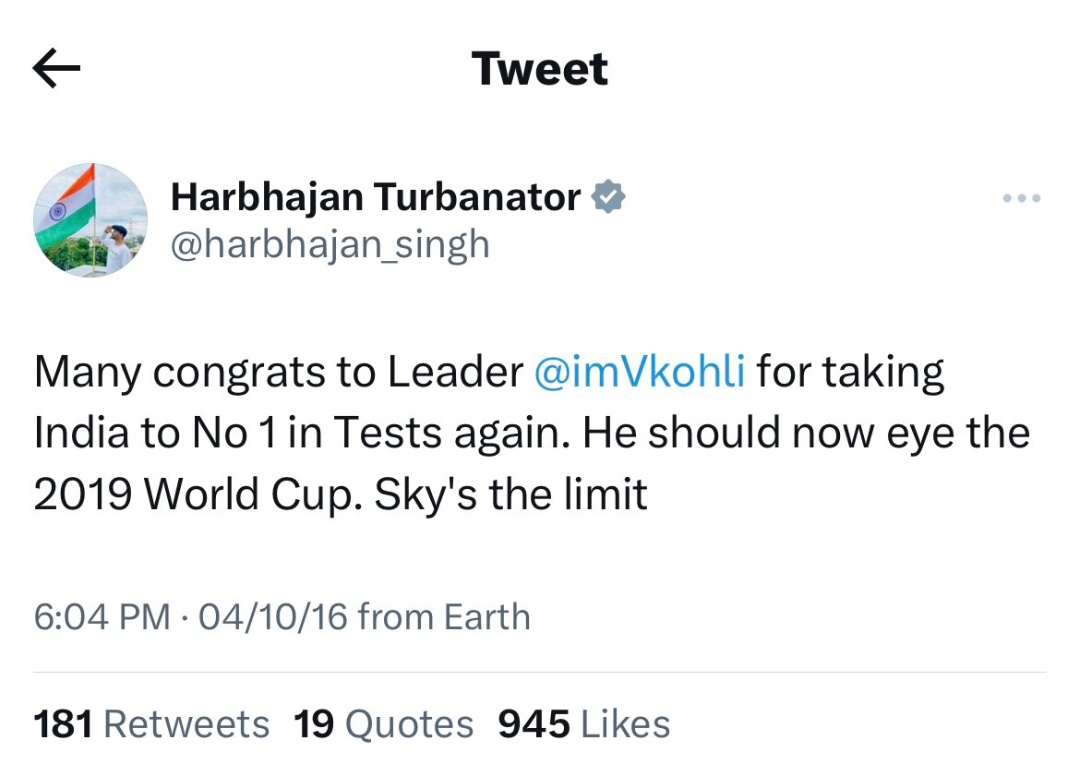 Harbhajan himself tweeted a lots of tweets like this where he credited the captain only. Is Kohli the only one who contributed in making India to no.1 in Tests ? where are the appreciation for the other 10 ?

with that said, It's a clear case of Jealousy & he proved it yesterday.