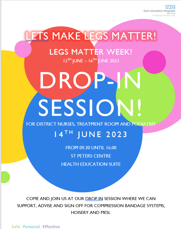 As part of Legs Matter Week the ELHT Lower Limb Vascular team are inviting their colleagues to a Drop-In Session at St Peters Centre, Burnley on Wednesday 14 June to provide guidance and advice on compression bandaging, hosiery and MESI. #legsmatterweek #stepbystepguidance