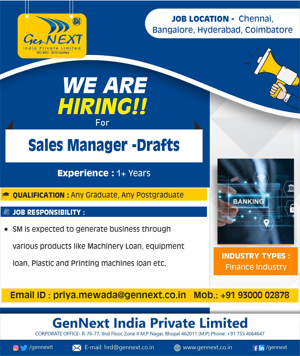 GennextL's tweet image. #urgentrequirement
Job Title: Sales Manager -Drafts )

#salesmanagerjob #draft #chennaijob #bangalorejob #hyderabadhiring #coimbatorejob #bangalore #sales #hiring #experience #hiring2023 #job #work #jobalerts #vacancyjob #gennext #gennexthiring #gennextjob