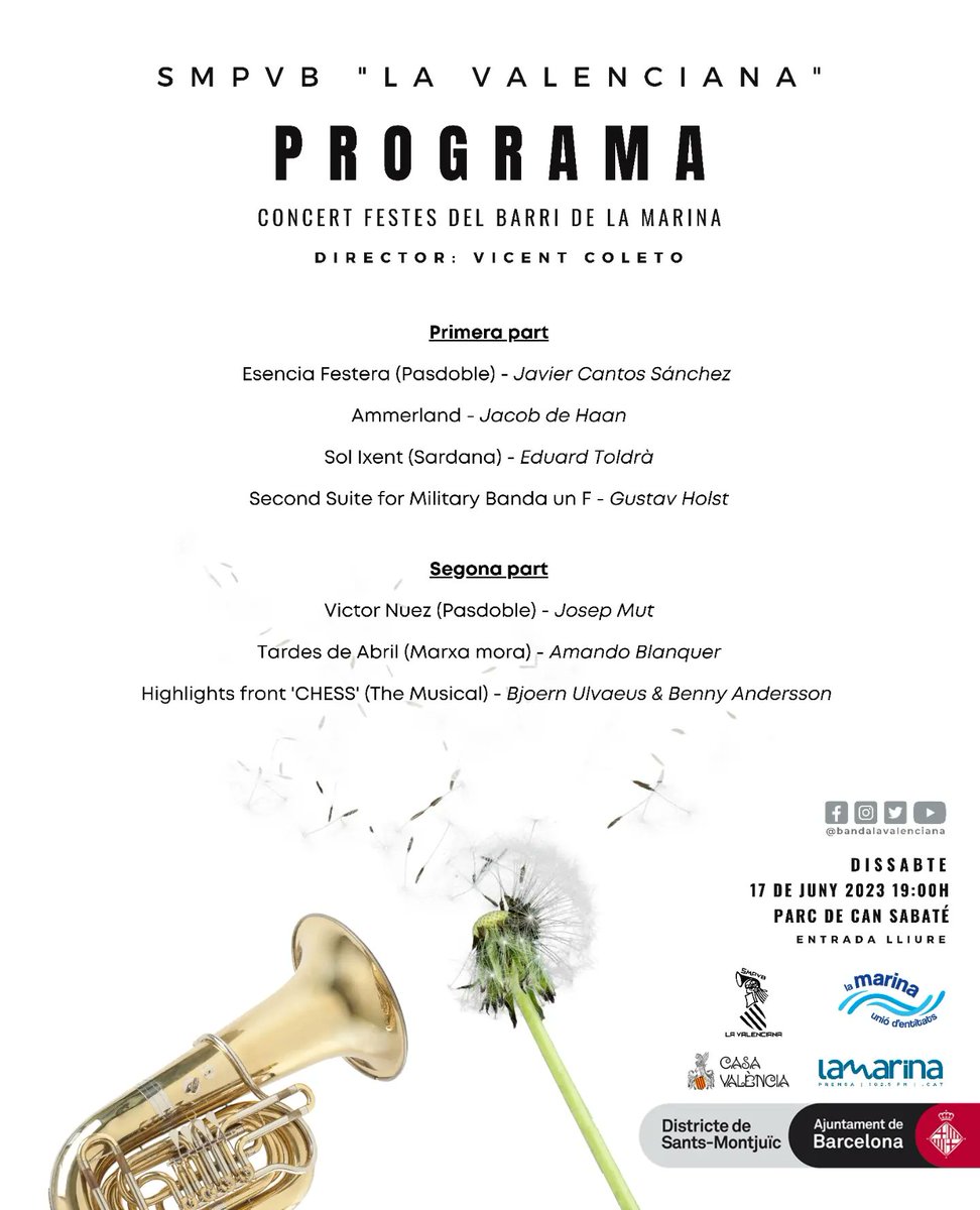 Tanquem la temporada 2022/2023 amb aquest programa.

El concert es celebrarà dissabte 17 a les 19h. al parc de Can Sabaté del barri de la Marina. 

Vos esperem!!

<a href="/casavalenciabcn/">Casa València BCN</a> @UE_La_Marina <a href="/lamarinafm/">Ràdio La Marina FM</a> <a href="/BCN_SantsMont/">Districte de Sants-Montjuïc</a> <a href="/bcncultura/">Barcelona Cultura</a> <a href="/Cultupopularbcn/">Cultura Popular Barcelona</a>
