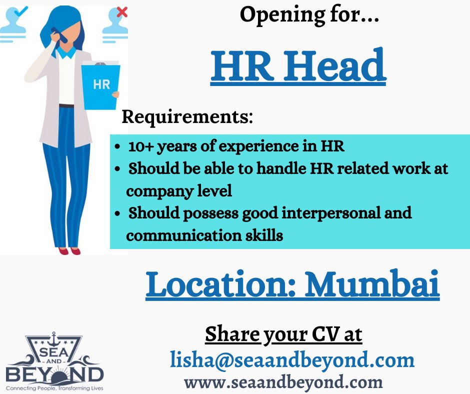 To apply you may please click on the below link:
lnkd.in/dXp_BUp3
#hr #hrhead #humanresource #communicationskill #interpersonalskills #mumbai #mumbaihiring #mumbaijobs #hiring #hiringalerts #hiringtoday #seaandbeyond #mariners #marinejobs #marineknowledge #maritimeindustry