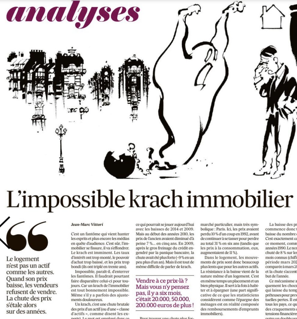 L’impossible krach #immobilier par <a href="/jmvittori/">Jean-Marc Vittori</a> <a href="/LesEchos/">Les Echos</a> : Dans le #logement neuf, cela se traduit par une chute violente des projets. Dans l'immobilier ancien, un vrai krach est impossible. Cela serait plus dangereux pour le système financier et l'économie tout entière
