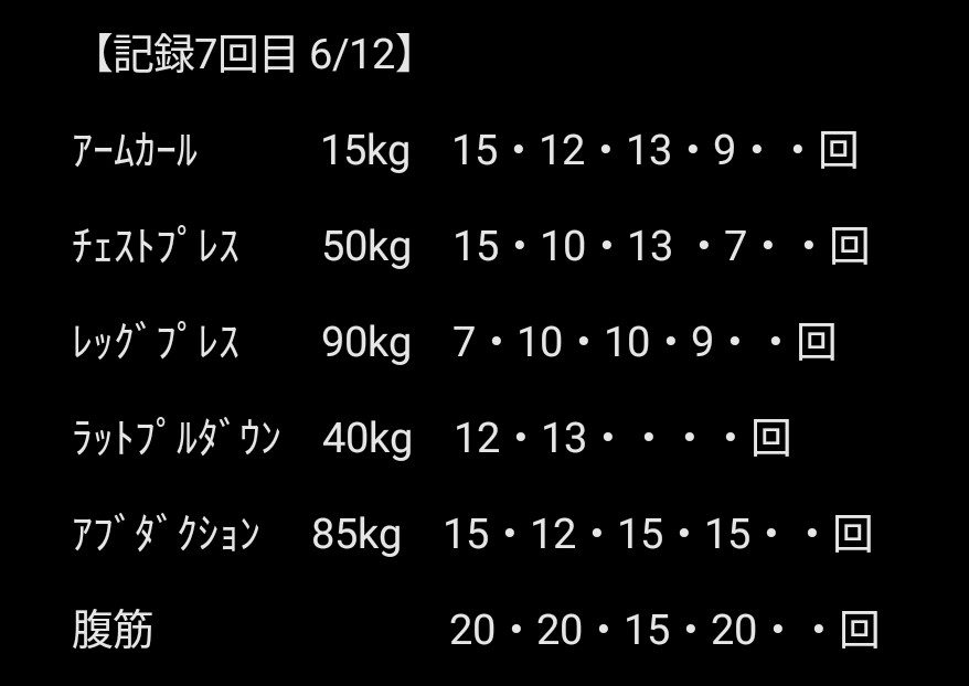 hashiritaing's tweet photo. 6/12　54日目　7回目の筋トレ曜日

アームカール、チェストプレスが体感軽��感じた。逆に膝故障で控えてたレッグプレスは重くなった。筋力低下っぽい。ラットプルダウンは機器からの異音で集中できなかったのでやめた。この前修理依頼出したばかりなのにどうなってるんだ💦
#筋トレ #記録_筋トレ https://t.co/fir1GRTIth