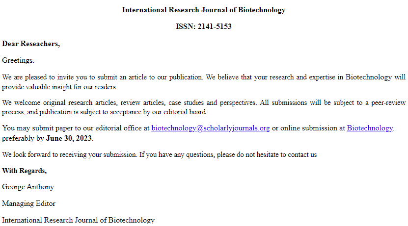 #International #Research #Journal of #Biotechnology is inviting you to submit your article for the upcoming issue through research, review, case studies, editorial & commentary. 
Link: scholarscentral.org/submissions/in…
#MedicalBiotechnology, #ProteinEngineering, #Biocatalyst, #Genecloning