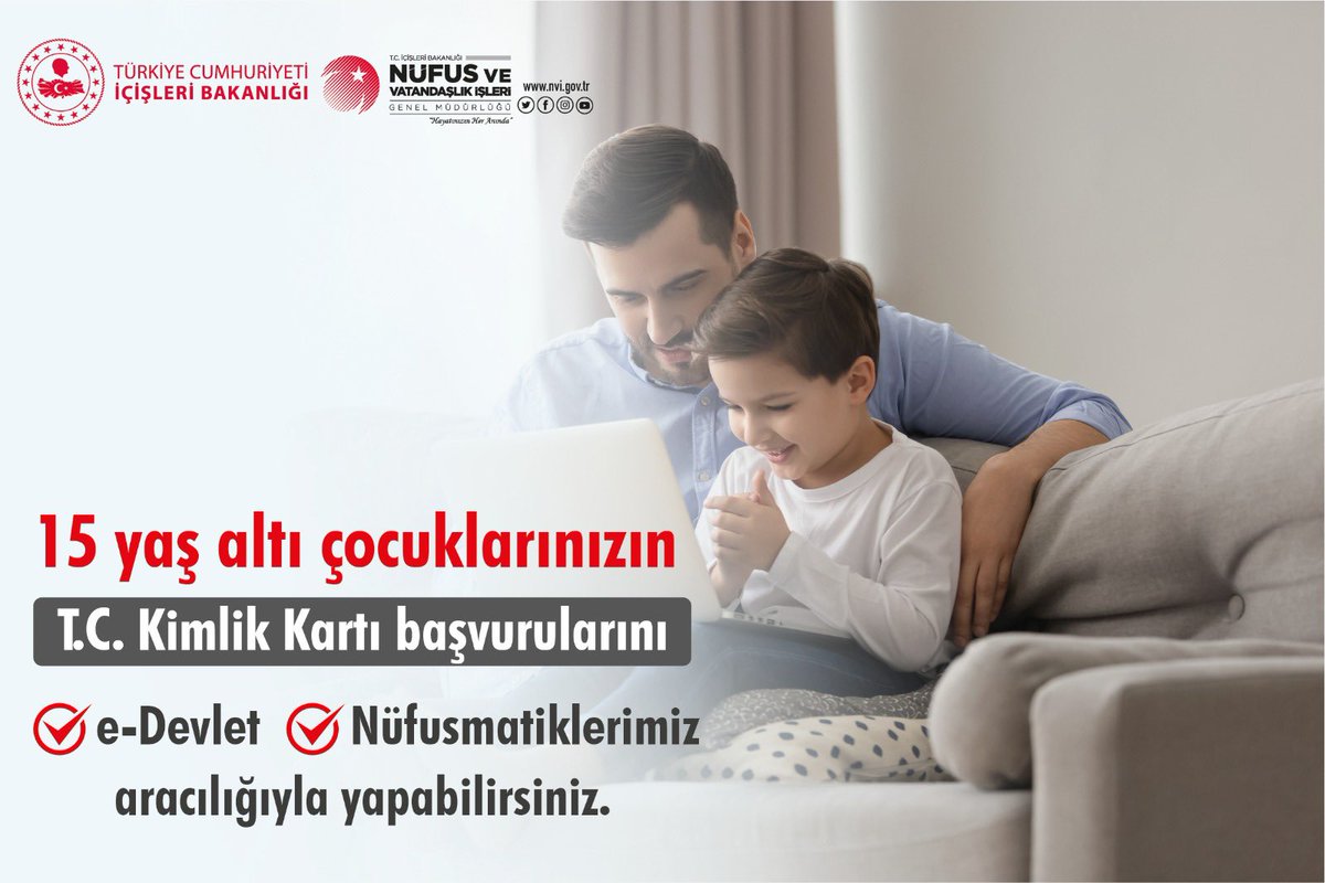Şefik AYGÖL (@sefikaygol) on Twitter photo 15 yaş çocuklarınızın kimlik talepleri için nüfus müdürlüklerimize gelmeye artık gerek yok..
Başvuruları e-devlet kapısından veya nüfusmatiklerden yapabilirsiniz..
Yeni haftaya Bismillah.
<a href="/AliYerlikaya/">Ali Yerlikaya</a> <a href="/TC_icisleri/">T.C. İçişleri Bakanlığı</a> <a href="/TCNufus/">Nüfus ve Vatandaşlık İşleri Genel Müdürlüğü</a> #HayatınıxınHerAnında 15 yaş çocuklarınızın kimlik talepleri için nüfus müdürlüklerimize gelmeye artık gerek yok..
Başvuruları e-devlet kapısından veya nüfusmatiklerden yapabilirsiniz..
Yeni haftaya Bismillah.
<a href="/AliYerlikaya/">Ali Yerlikaya</a> <a href="/TC_icisleri/">T.C. İçişleri Bakanlığı</a> <a href="/TCNufus/">Nüfus ve Vatandaşlık İşleri Genel Müdürlüğü</a> #HayatınıxınHerAnında