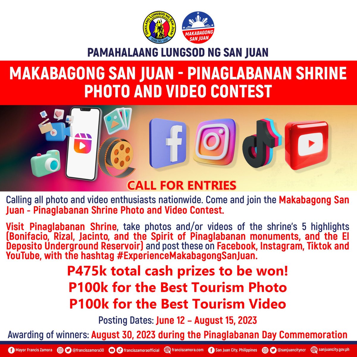 franciszamora30's tweet photo. Calling all photo &amp; video enthusiasts nationwide. Come &amp; join the Makabagong San Juan - Pinaglabanan Shrine photo &amp; video contest featuring the 5 highlights of the Shrine. A total of 475,000 pesos worth of cash prizes to be won! Visit my Mayor Francis Zamora FB page for details. https://t.co/pLYK20sAvN