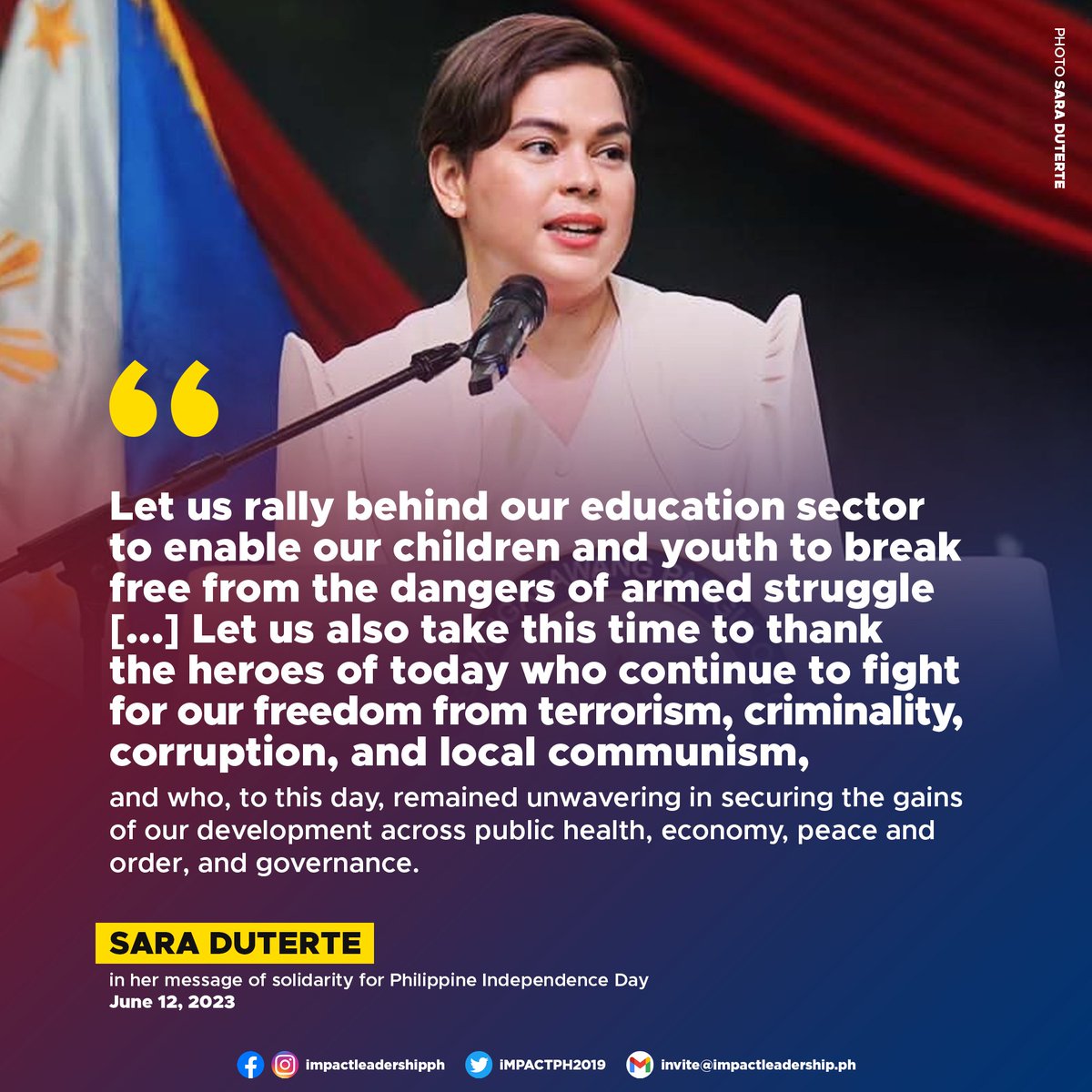 'BREAK FREE FROM THE DANGERS OF ARMED STRUGGLE'

Sara Duterte on #ArawNgKalayaan: 'Let us rally behind our education sector to enable our children and youth to break free from the dangers of armed struggle.'

m.facebook.com/story.php?stor…