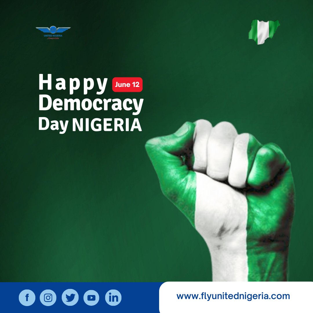 Let us use the power of democracy to bring the change we want to see. 

Happy National Day of Democracy!

📷: Freepik/Inkdrop

#UnitedNigeriaAirlines #FlyUnitedNigeriaAirlines #FlyingToUnite #AMoreRewardingWayToFly #Democracyday #nigeria #Democracyday2023 #june12th