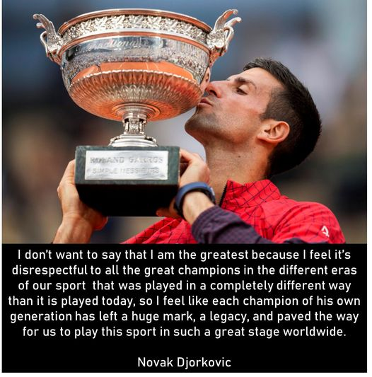 themuyas's tweet photo. When asked about how he feels being the greatest tennis player of all time, he responded like an elder in the sport. The G.O.A.T debate is a tired and unnecessary comparison. The champ himself was humble enough to call it out in his own words.
Wise words @DjokerNole https://t.co/6EfhBnX0rI