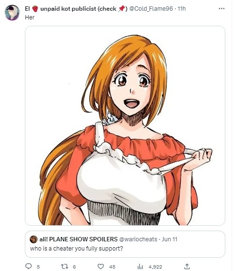 i told y'all ichirukis & ishihimes are just a bunch of freaks & mentally ill people💀💀 get the fuck off #orihime & #ichihime u weirdo @Cold_Flame96 #BLEACH
