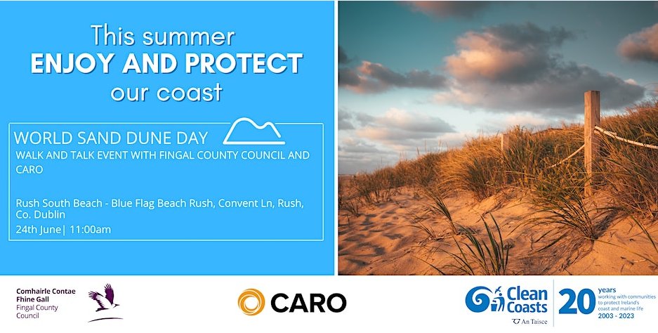 World Sand Dune Day is celebrated on the 24th of June and to mark the day Fingal County Council, Dublin’s Climate Action Regional Office and Clean Coasts are hosting a walk and talk all about sand dunes! Join us at Rush South Beach on Saturday 24thJune from 11am-1pm and enjoy