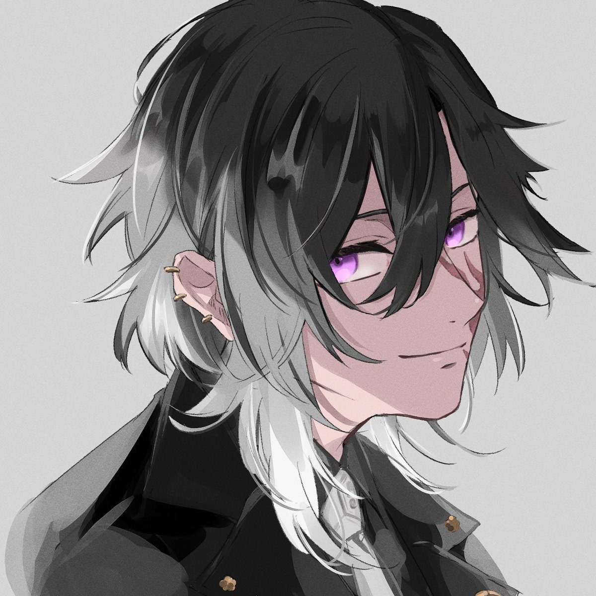 1boy male focus black hair solo purple eyes smile piercing  illustration images