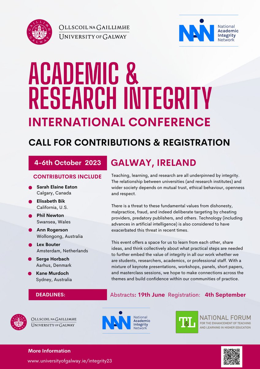 📢 DEADLINE EXTENDED📢

Proposals now due by 11.59pm GMT, Friday 23 June 2023.

Further details: universityofgalway.ie/centre-excelle…
Submit proposal: easychair.org/my/conference?…

@uniofgalway @QQI_connect @ForumTL #AcademicIntegrity #ResearchIntegrity