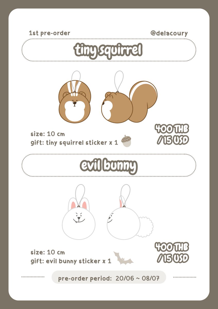 ( pre-order )

tiny squirrel🐿️ & evil bunny🐰
10 cm doll by @delacoury 

รายละเอียด + สั่งซื้อในฟอร์ม
🇹🇭: docs.google.com/forms/d/12rt3S…
🌎: docs.google.com/forms/d/1pK1ZI…

⭕️ ปิดรับ 08/07 
( rts are appreciated🤍)

#ตลาดนัดstraykids 
#ตลาดนัดเด็กหลง 
#Straykids