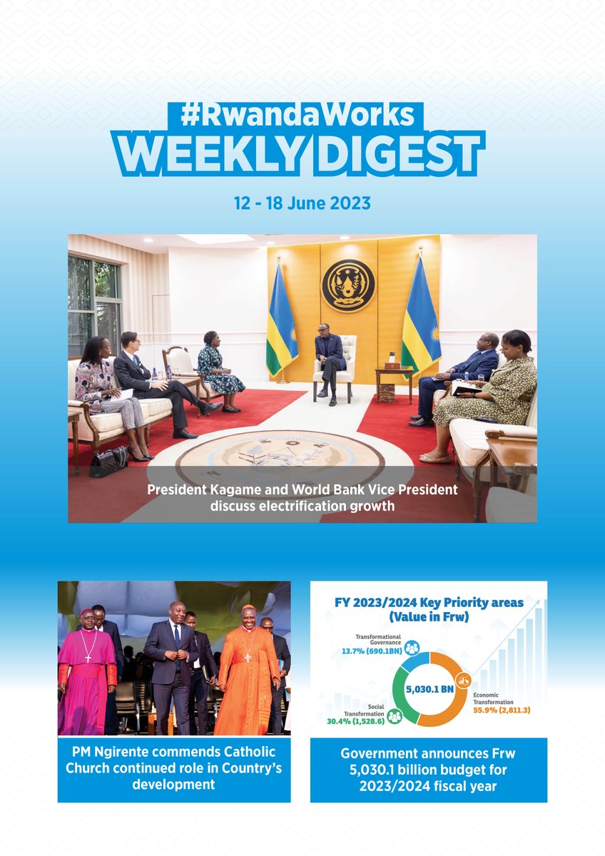 RwandaGov's tweet photo. In #RwandaWorks:
President Kagame and World Bank VP held discussions on how to increase electricity access.
First Lady Jeannette Kagame joined the graduation ceremony of @GHA_rwanda class of 2023.
@RwandaFinance announced a 6% increase in the budget.
More: https://t.co/8UI09AWUzh https://t.co/93p7sxAdPy