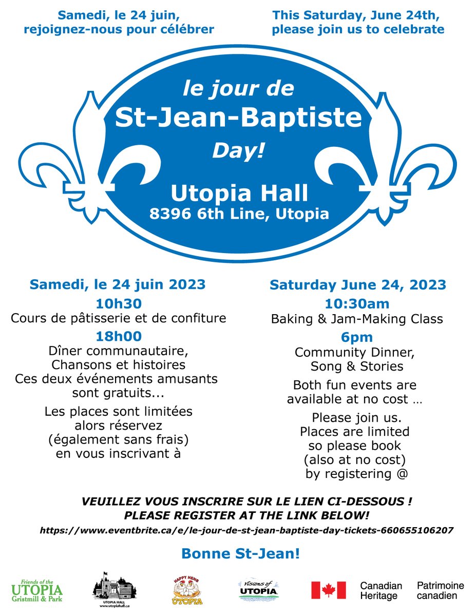 Samedi, le 24 juin, rejoignez-nous pour célébrer le jour deSt-Jean-Baptiste ! This Saturday, June 24th, please join us to celebrate St-Jean-Baptiste Day!

VEUILLEZ VOUS INSCRIRE SUR LE LIEN CI-DESSOUS !
PLEASE REGISTER AT THE LINK BELOW!
eventbrite.ca/e/le-jour-de-s…