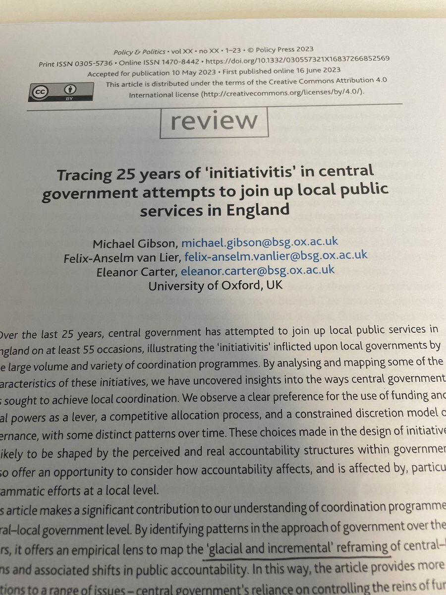 Tracing 25 years of ‘initiativitis’ in central government attempts to join up local public services in England. Great paper in Policy &amp; Politics by Michael Gibson, Felix-Anselm van Lier, and Eleanor Carter bristoluniversitypressdigital.com/view/journals/…