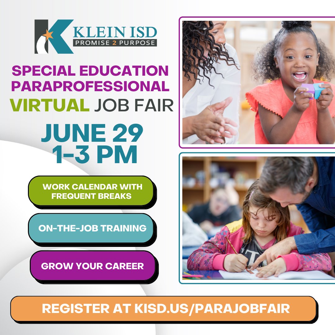 👋 Come join our Klein Family! We are holding a Special Education Paraprofessional VIRTUAL Job Fair on June 29 at 1 PM. 💻 Register now at kisd.us/parajobfair See you there! 🤩 #KleinFamily